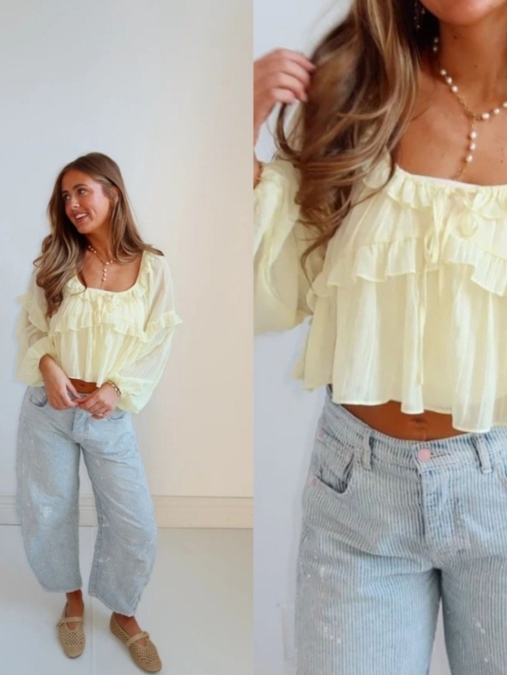 Le Lis Sheer Pale Yellow Ruffled Tiered Flowy Cropped Tie Front Peasant Blouse